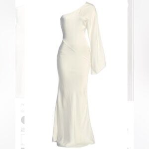 JLUXLABEL Ivory Satin One-Shoulder Femme Drape Maxi Dress Size Medium